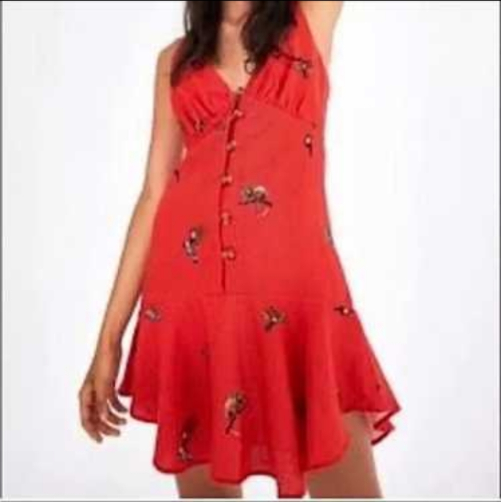 FARM Rio Red Linen Mini Dress with Floral Embroidery